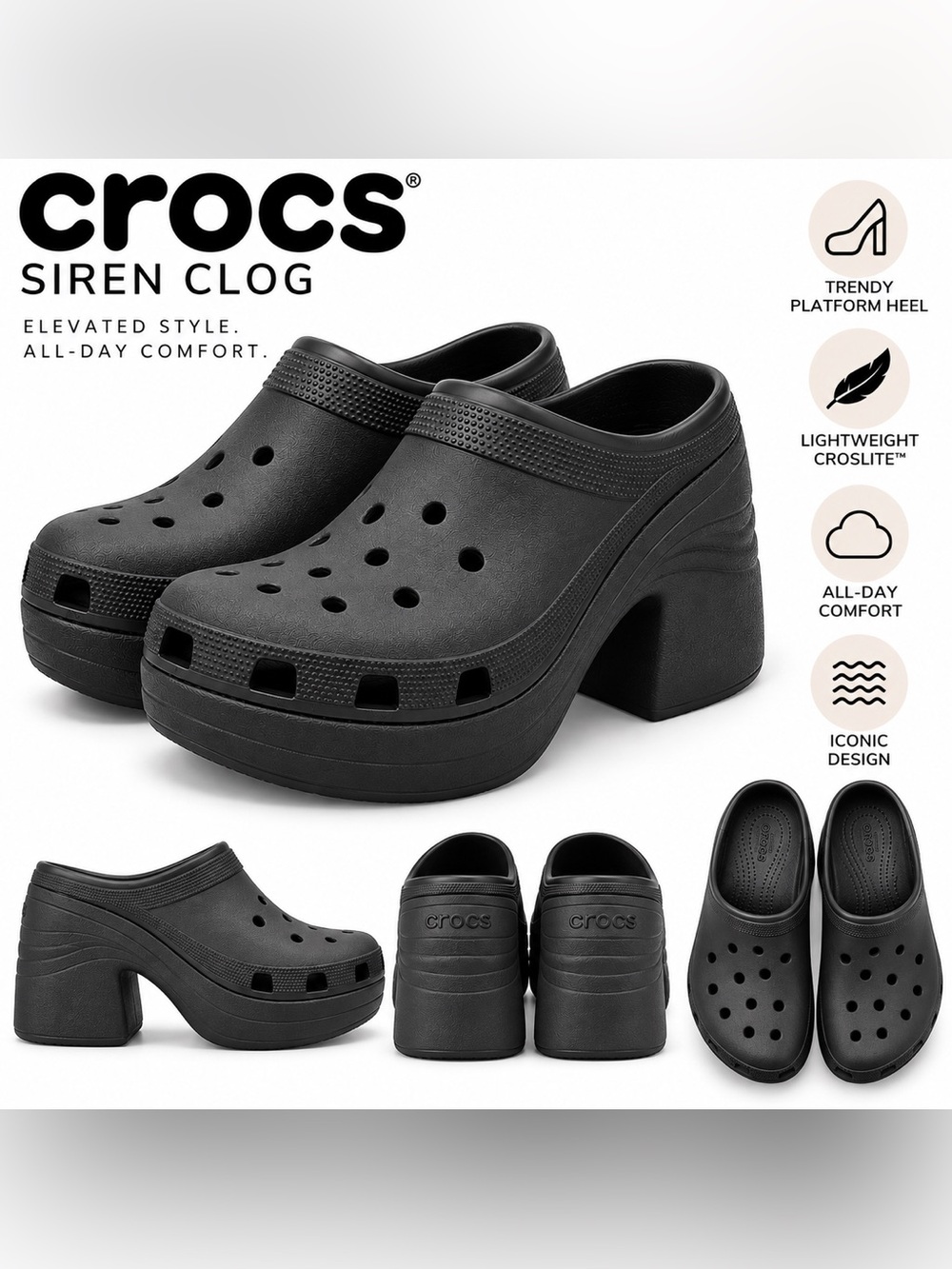 CROCS Women's Black Siren Platform Clog Heels